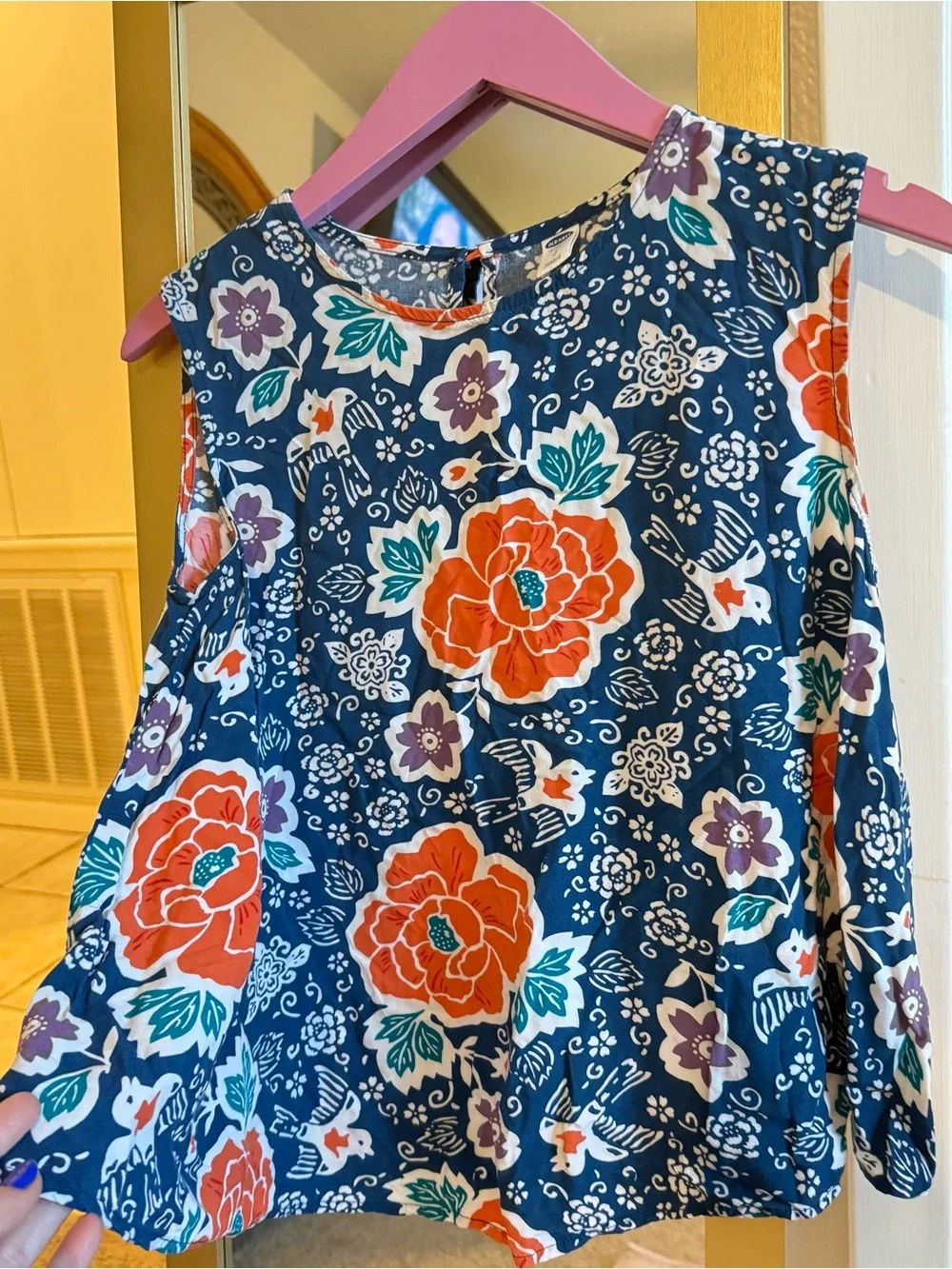 Old Navy Navy Floral Sleeveless Tank Top with Orange & Purple Blooms